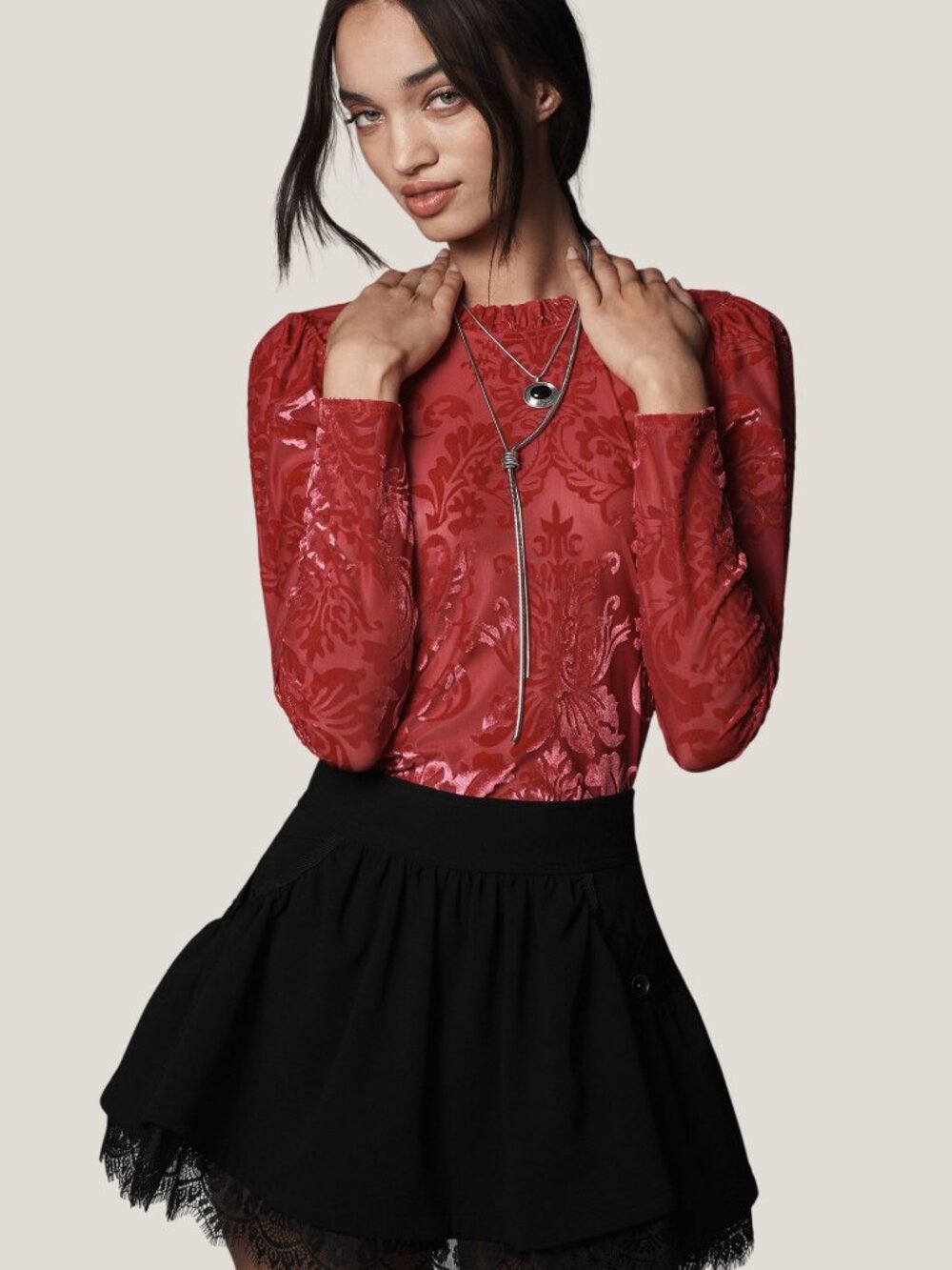 Anthropologie Sheer Velvet Burnout Top Long Sleeve Red Large - Picture 7 of 12